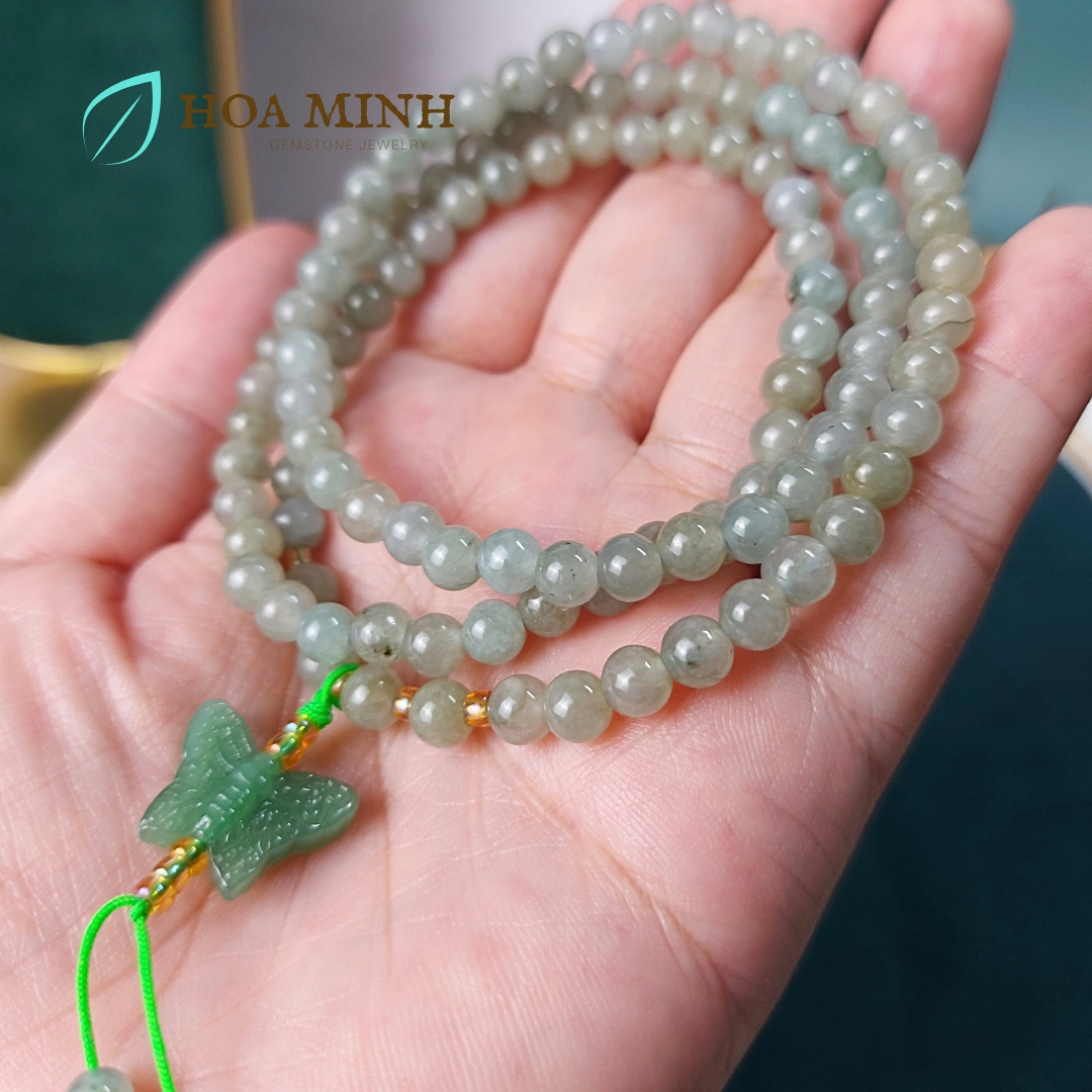 Vòng tay chuỗi 108 hạt Ngọc Cẩm Thạch Lam Dầu A size 5.3 li phối charm đá thạch anh aventurine mỹ miều tuyệt đẹp