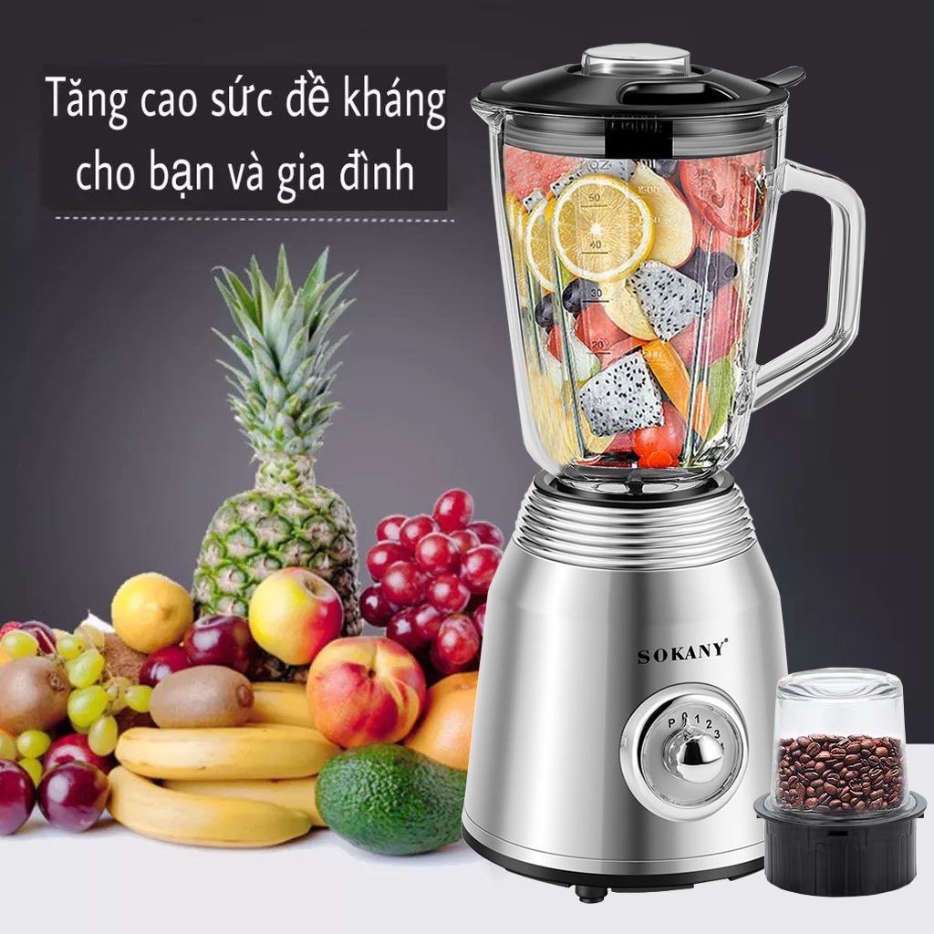 Máy xay sinh tố SOKANY công suất cực lớn 800W có 2 bộ cối dao sử dụng xay hoa quả, xay thực phẩm đa năng - SK186B - HÀNG CHÍNH HÃNG - DELIYA