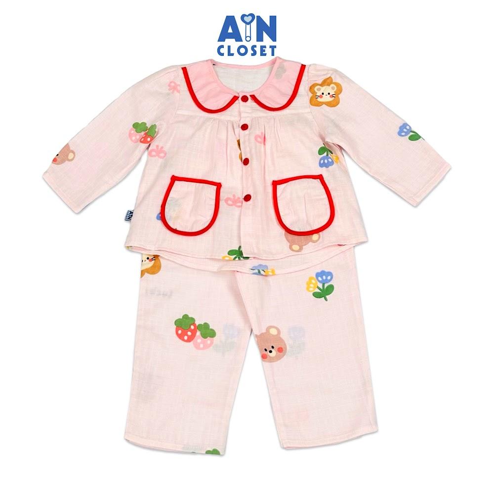 Bộ quần áo Dài bé gái họa tiết Sư Tử Dâu nền Hồng xô sợi tre - AICDBGJ0AO5S - AIN Closet