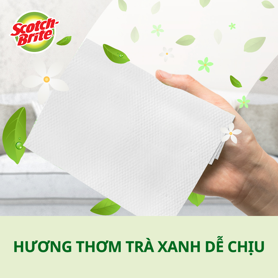 Khăn ướt thay thế cây lau siêu tốc Scotch Brite 3M, 28 cm x 21cm, 8 miếng/gói, kháng khuẩn 99,9%, hương trà xanh thơm mát, tĩnh điện giúp hút và giữ bụi bẩn, tóc,… , phù hợp với nhiều bề mặt