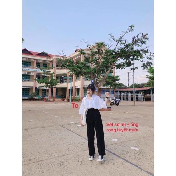 Quần ống rộng tuyết mưa đính cúc trước dành cho nữ