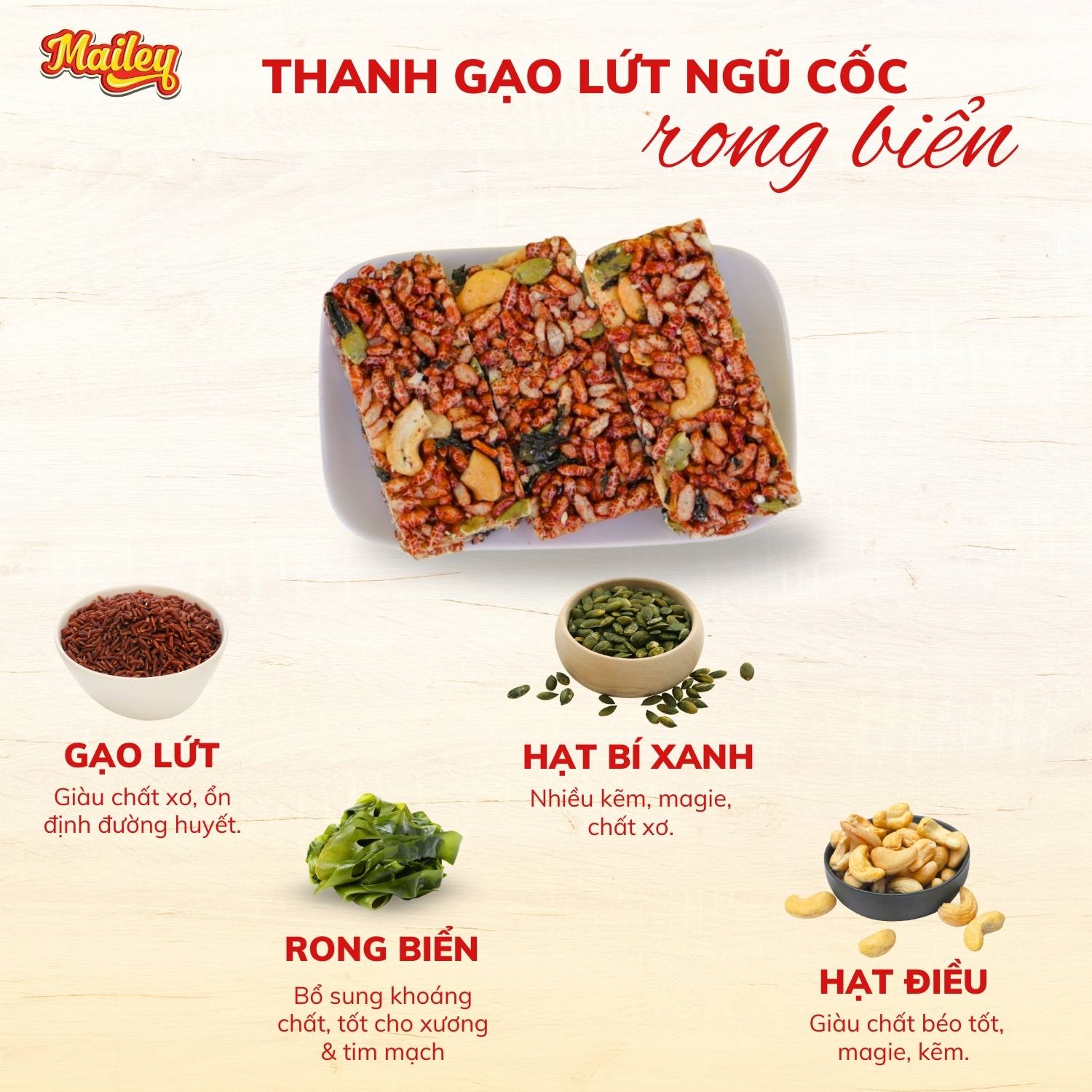[COMBO 2 TÚI 500G] Thanh gạo lứt chà bông/rong biển mix hạt Mailey Túi 250g - Bánh gạo lứt ăn kiêng hỗ trợ giảm cân