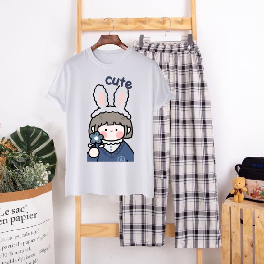 Sét Bộ Nữ SS17, Sét Đồ Nữ Đi Chơi Đẹp In Cô Gái Thỏ Dễ Thương,Sét Áo Vải Cotton, Hình In Sắc Nét Và Quần Kẻ Màu Cá Tính