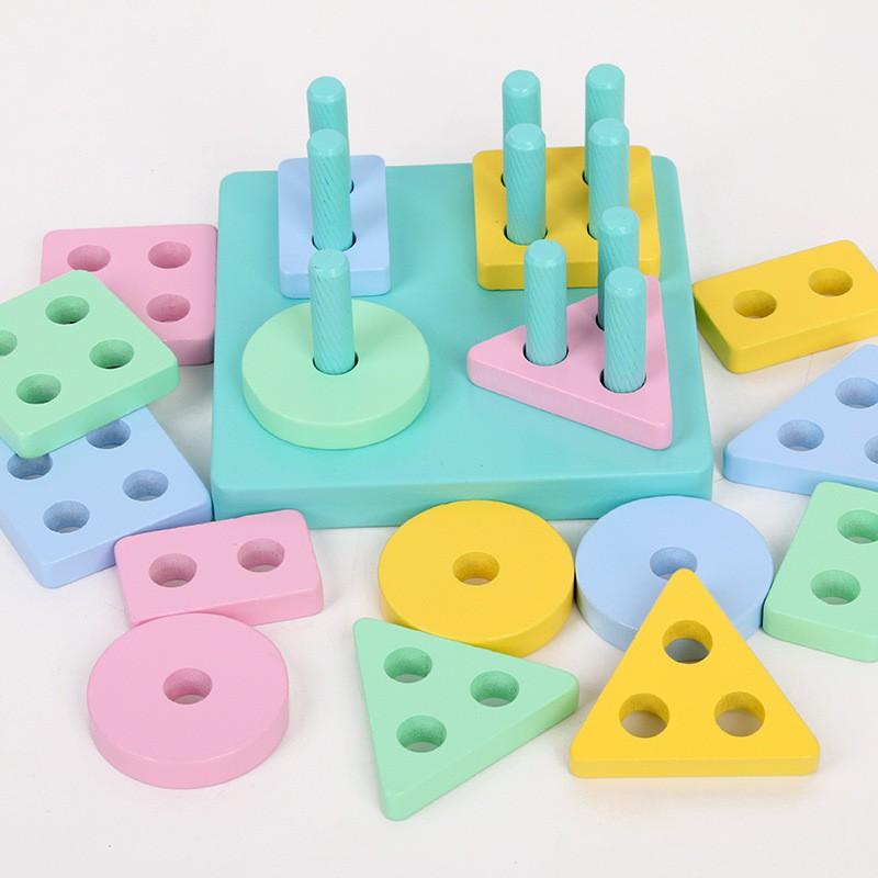 Đồ chơi gỗ Montessori thả hình 4 coc cho bé phát triển kỹ năng cơ bản