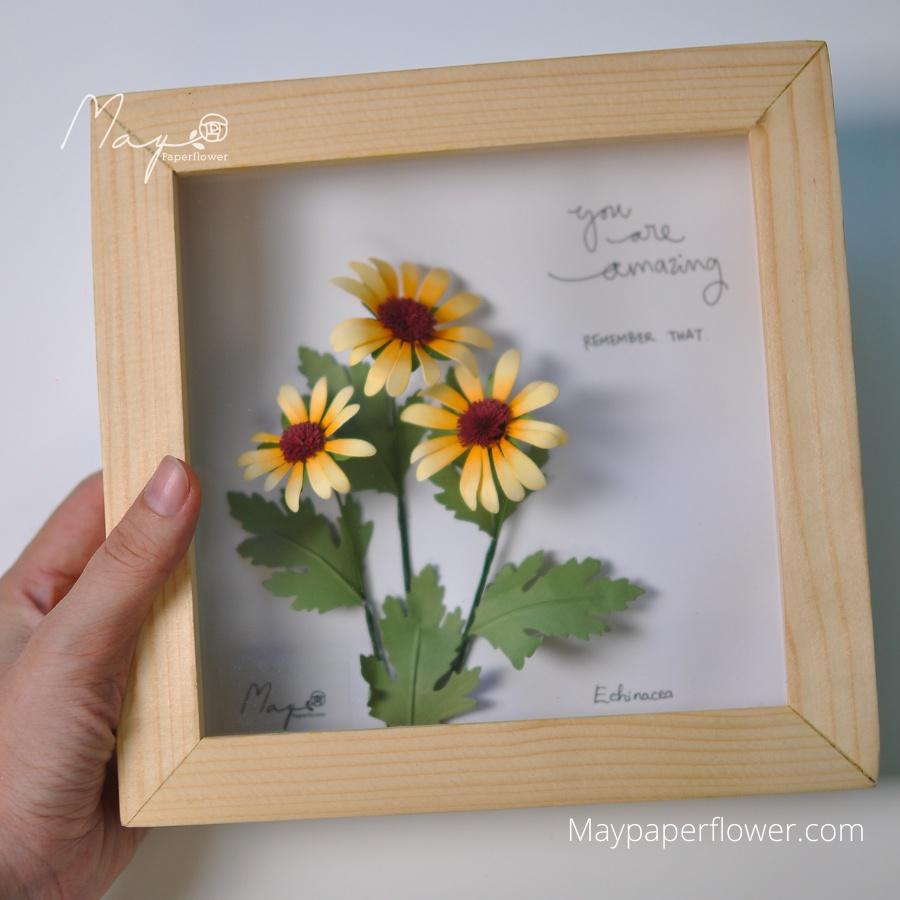 Tranh Hoa Giấy Handmade Trang Trí - Cúc Mỹ Echinacea Vàng MAYPAPERFLOWER Khung Gỗ Size 19x19cm