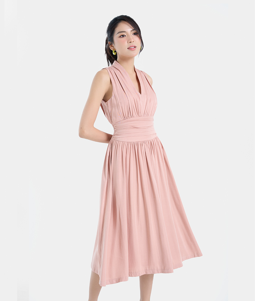 Đầm Lửng Nữ Thời Trang HNOSS Sát Nách Cổ V Nhún Eo HNDLU095 - HỒNG - XL