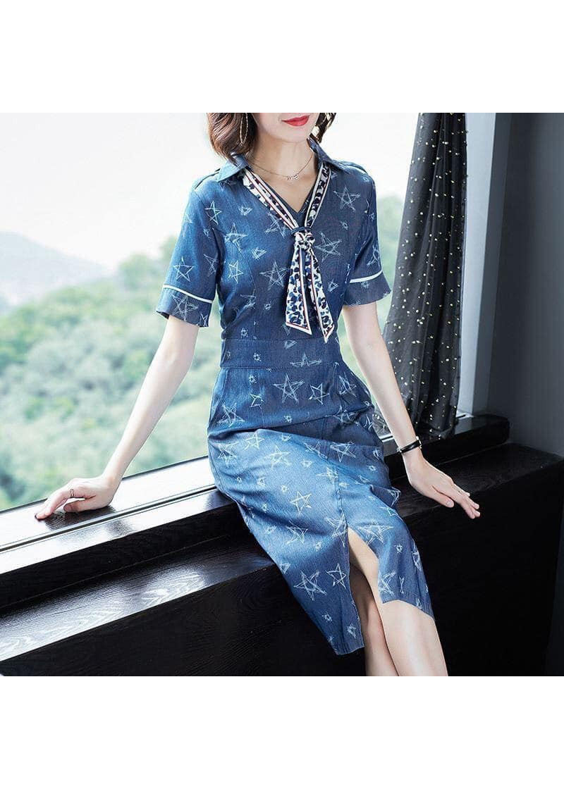 ĐẦM JEAN HỌA TIẾT XẺ TÀ CỔ SƠ MI PHỐI NƠ
