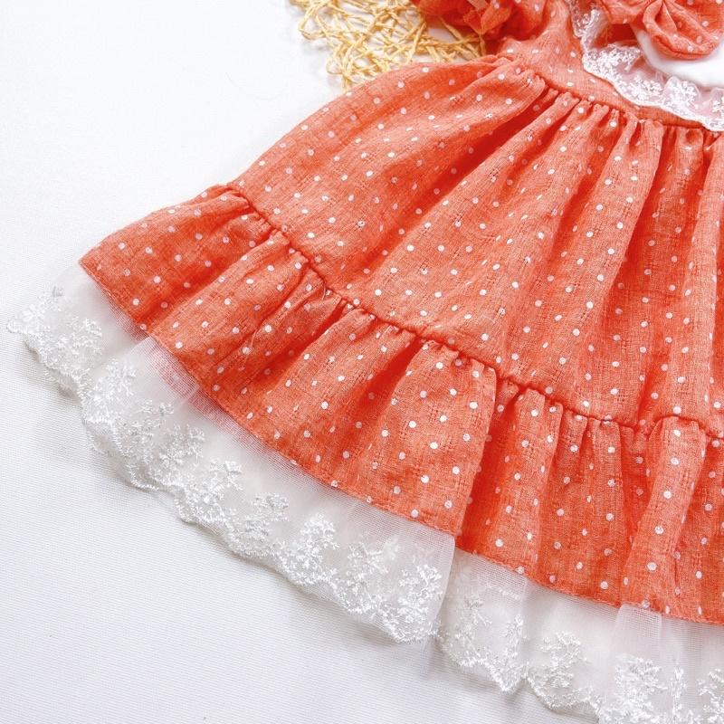 Váy Lolita Chấm Bi Cam Bé Gái Sơ Sinh Đến 12kg, Đầm Bé Gái Chất Đũi Thông Hơi Mềm Mát