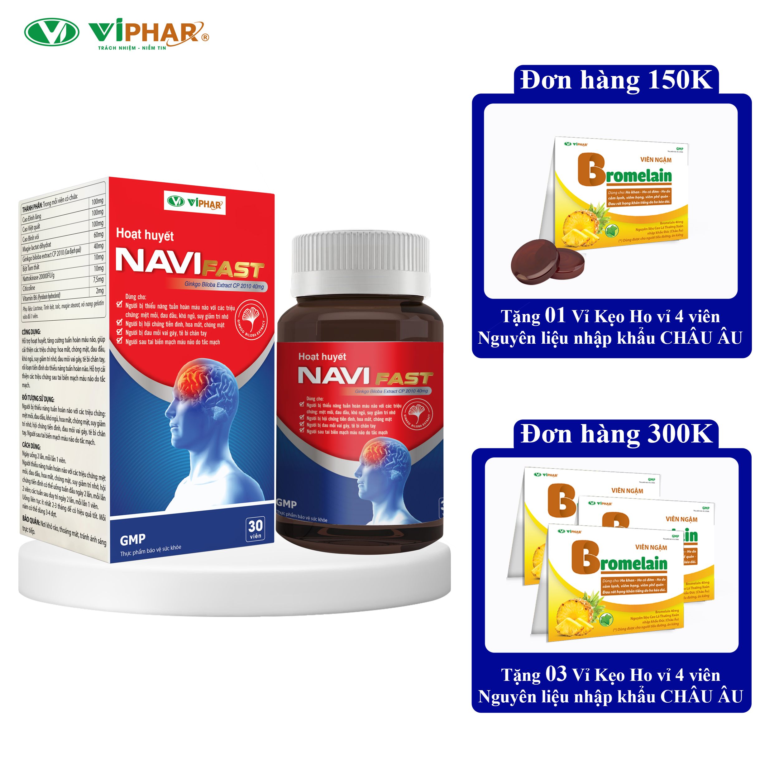 Viên Uống Giúp Bổ Não, Ngủ Ngon, Tăng Cường Trí Nhớ, Giảm Đau Đầu, Hoa Mắt, Chóng Mặt, Rối Loạn Tiền Đình, Đau Mỏi Vai Gáy NAVI FAST VIPHAR Hộp 30 Viên