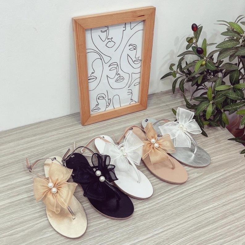 Giầy hàng chất lượng cao Giày Sandal Bệt Nữ kẹp quai T Đính Nơ Ngọc Hottrend HALEY STORE