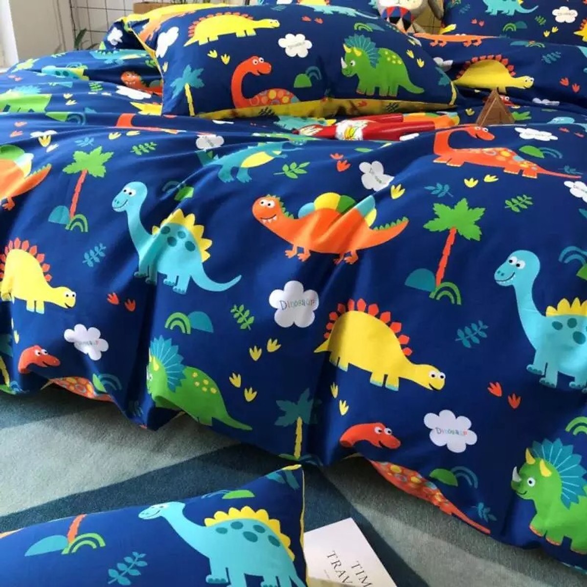 Bộ chăn ga gối cotton cao cấp PL1 - Khủng Long - Tặng kèm 1 móc khóa Houston