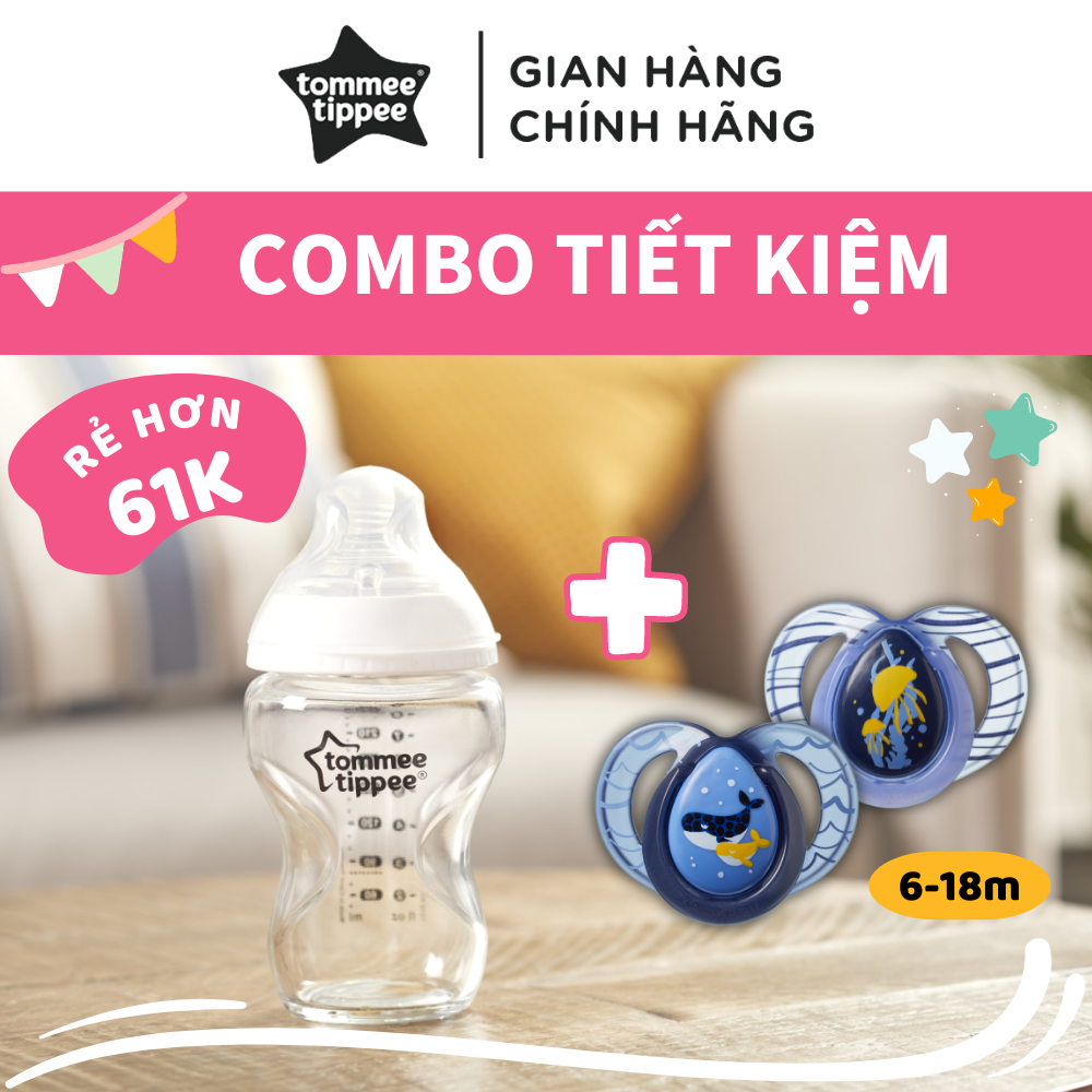 COMBO Ty Ngậm Vui Nhộn Tommee Tippee FunFriends 6-18m &amp; Bình Sữa PPSU Ty Siêu Mềm Tommee Tippee 260ml, Họa Tiết