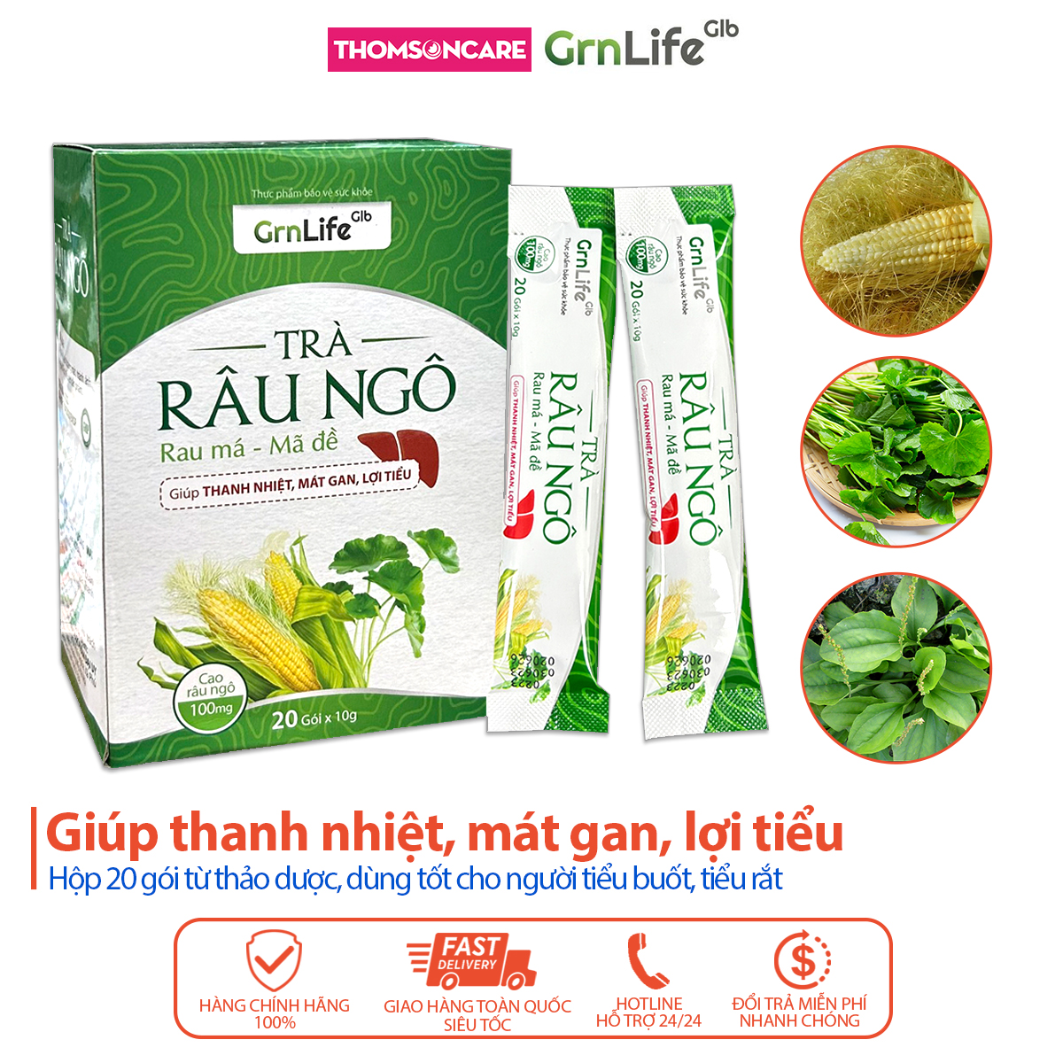 Trà râu ngô GrnLife   rau má mã đề Hộp 20 gói, giúp thanh nhiệt, mát gan, lợi tiểu, tốt cho người tiểu rắt nóng trong, rôm sẩy  - Thomsoncare