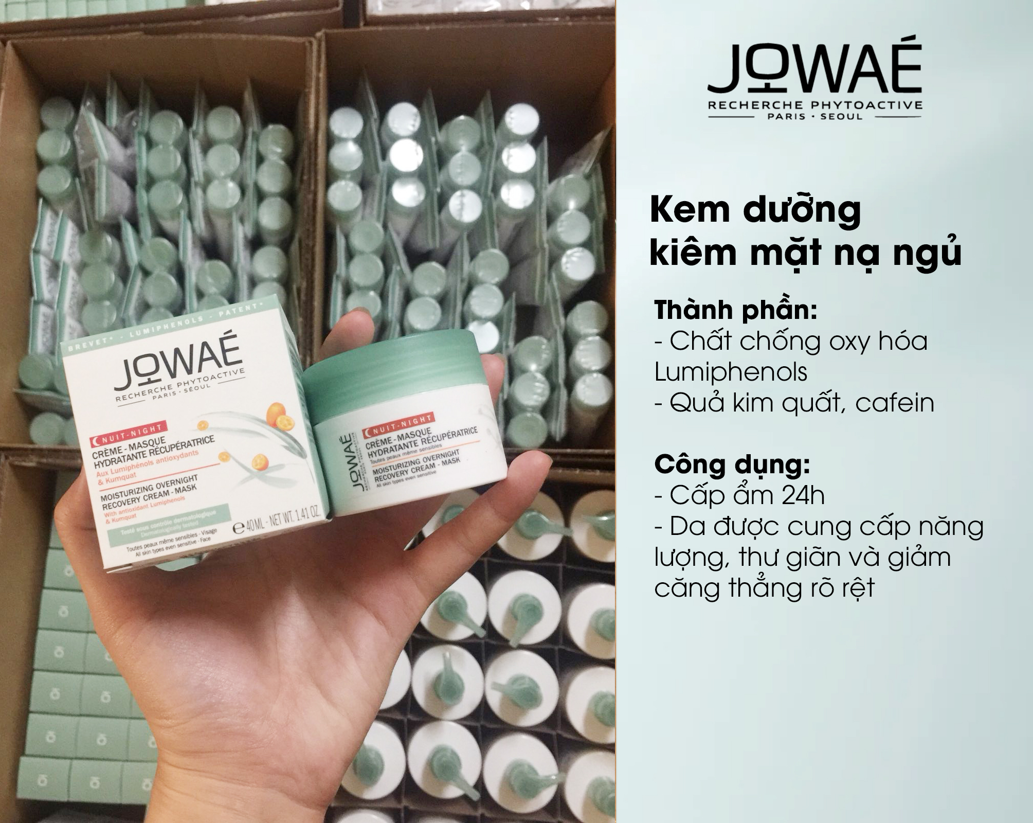 Kem Dưỡng Kiêm Mặt Nạ Ngủ JOWAE 100% giảm mệt mỏi tăng cường năng lượng cho da Mỹ phẩm thiên nhiên nhập khẩu Pháp MOISTUNRIZING OVERNITGHT RECOVERY CREAM – MASK 40ml