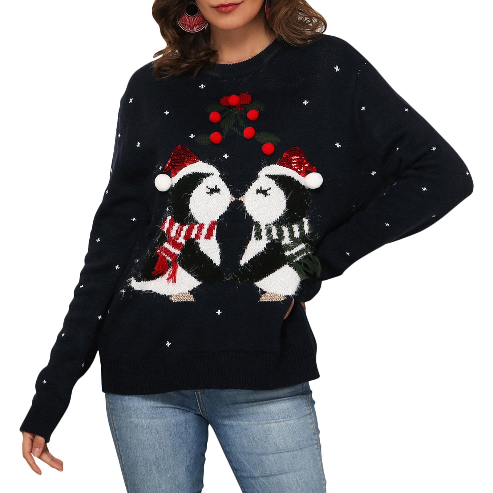 Fashion Women Winter Knitted Sweater Christmas Penguin O Neck Long Sleeve Loose Casual Pullover Knitwear