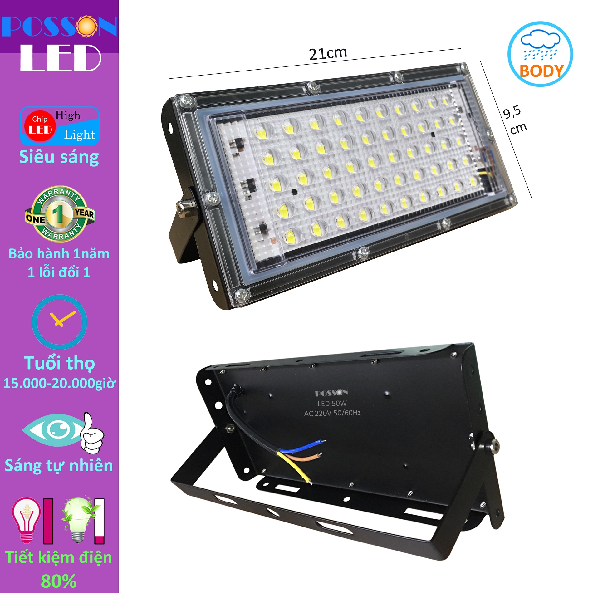 Đèn Led pha 50w siêu sáng AC220V hắt tường rọi cây kín nước chống mưa trang trí ngoài trời Posson LF-50x