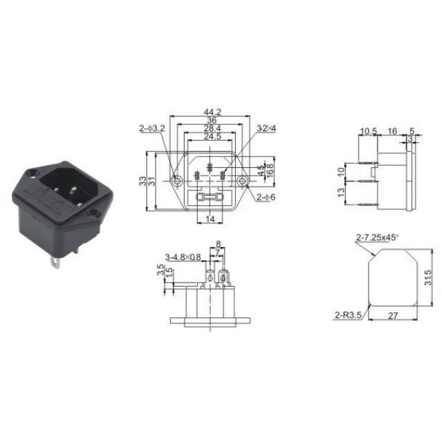 Ổ cắm điện 3 chấu có đai và có cầu chì 250V-10A
