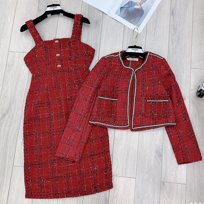 Set Dạ Tweed Ô Kim Tuyến, Set Váy Dạ 2 Dây Và Áo Choàng, Vải Chất Lượng Cao Cấp Y Hình - December Fashion