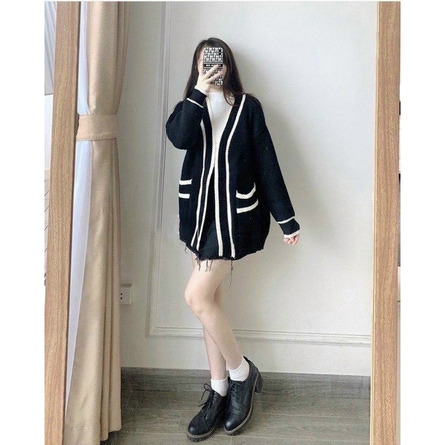 Áo khoác cardigan len viền sọc có túi thơi trang