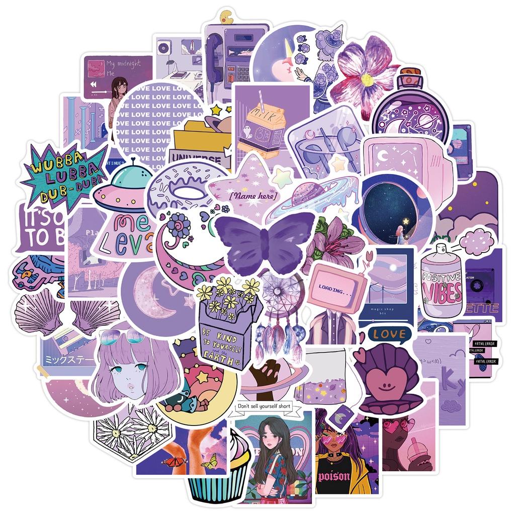 Set 50 Cái STICKER Khác Nhau Màu Tím Chống Thấm Nước Trang Trí Điện Thoại , Laptop , Vali Siêu Cute