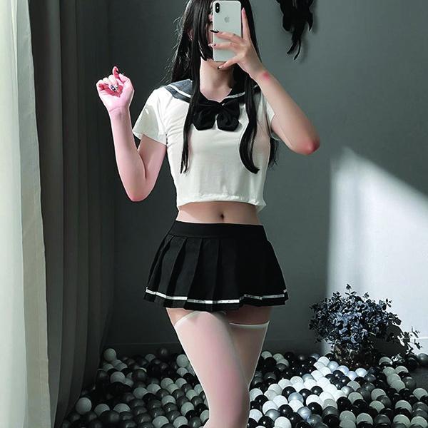 Đồ ngủ sexy cosplay nữ sinh cao cấp phối nơ đáng yêu váy xếp ly đồng phục học sinh đỏ đen gợi cảm BIKI HOUSE N767 - HCM
