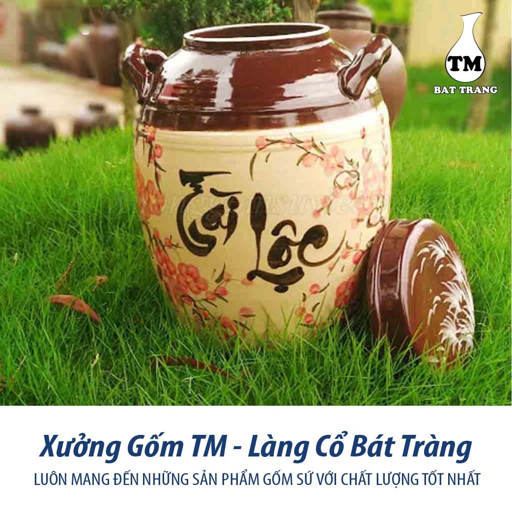 Hủ Sành Đựng Gạo Vẽ Hoa Đào Có Quai