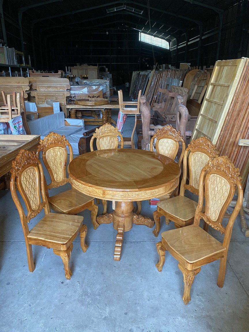 Bộ bàn ăn tròn 8 ghế gỗ căm xe