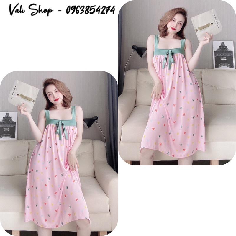 Váy ngủ lụa latin 2 dây xoè hoạ tiết freesize 42-60kg