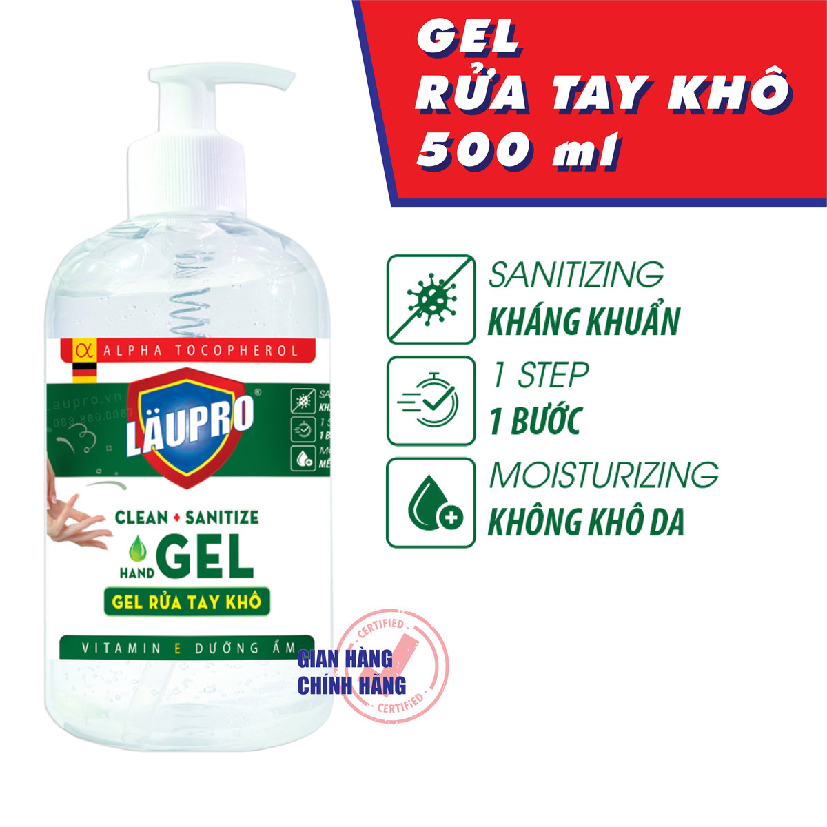 GEL RỬA TAY KHÔ LÄUPRO 500ml - 75% CỒN TINH KHIẾT - VITAMIN E 100% NHẬP KHẨU TỪ ĐỨC - Được BYT cấp giấy phép lưu hành