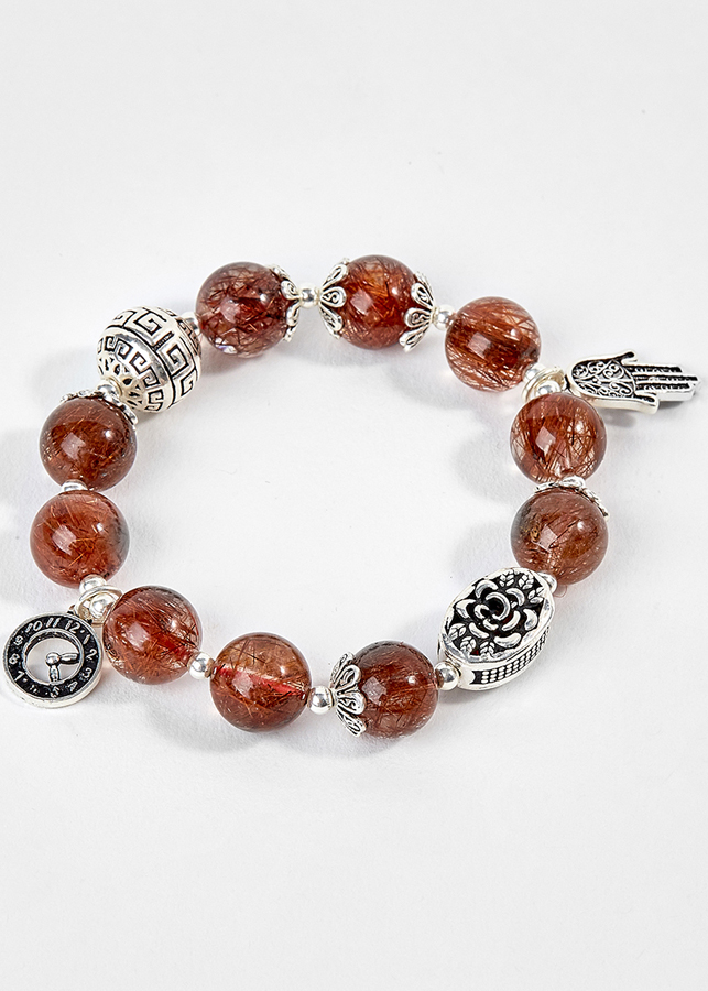 Vòng Tay Đá Thạch Anh Tóc Đỏ Phối Charm Đồng Hồ Bạc Ngọc Quý Gemstones