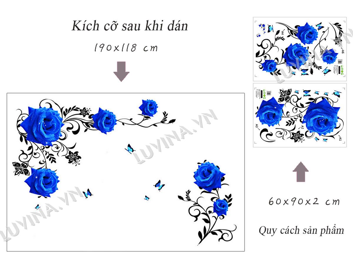 Decal dán tường hoa hồng xanh dương 3D