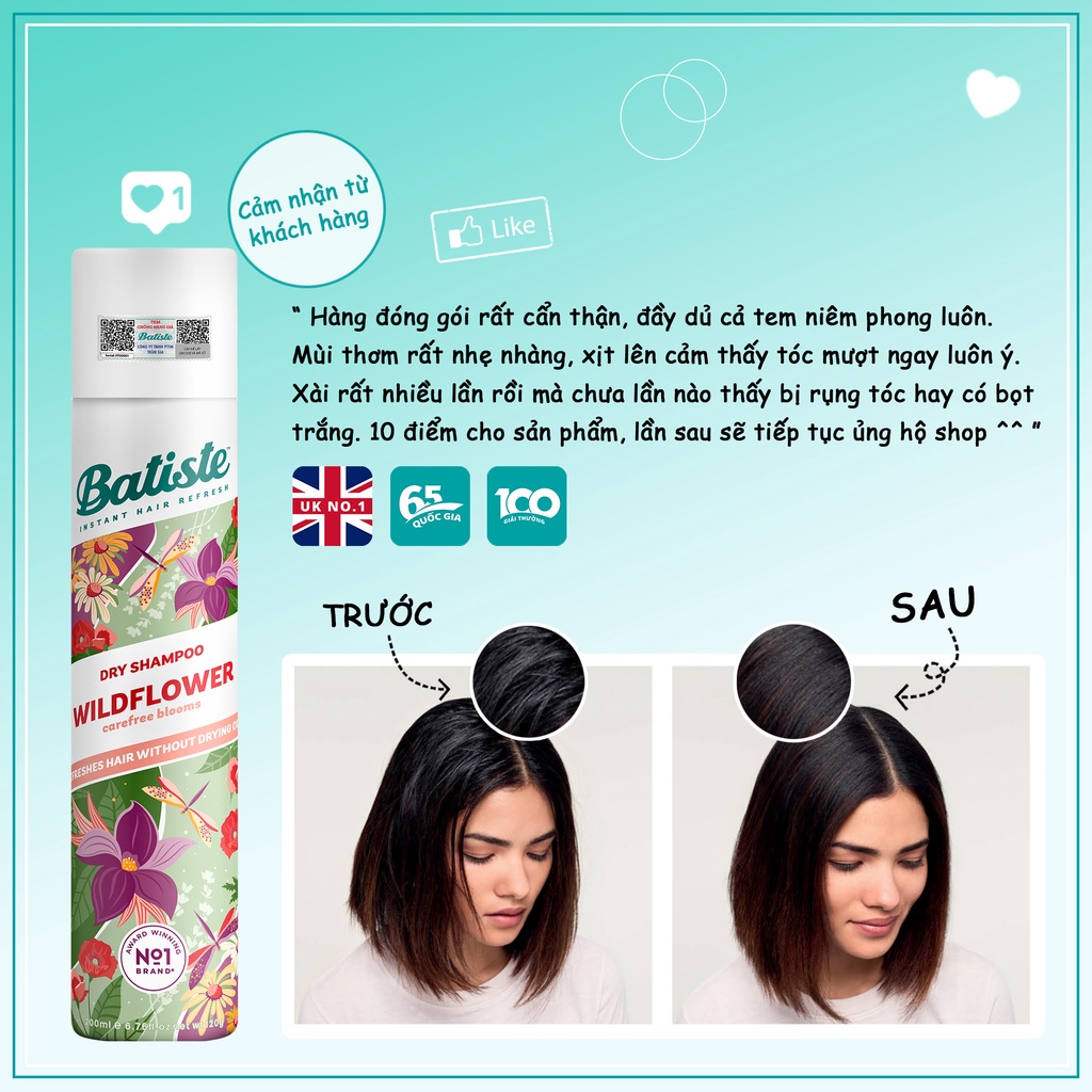 Dầu Gội Khô Batiste Hương Hoa Cỏ Nữ Tính, Tươi Mát - Batiste Dry Shampoo Fresh & Feminine Wildflower 200ml