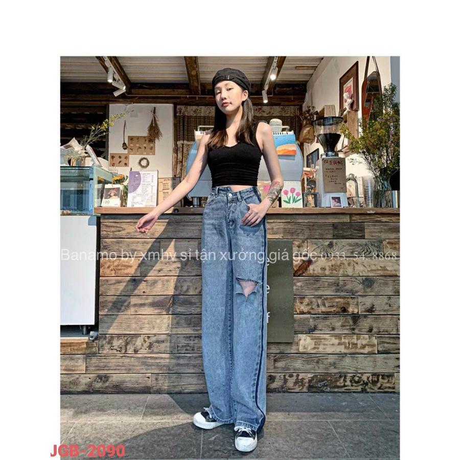 Quần JEANS nữ ống rộng lưng cao rách đùi cá tính thời trang 968