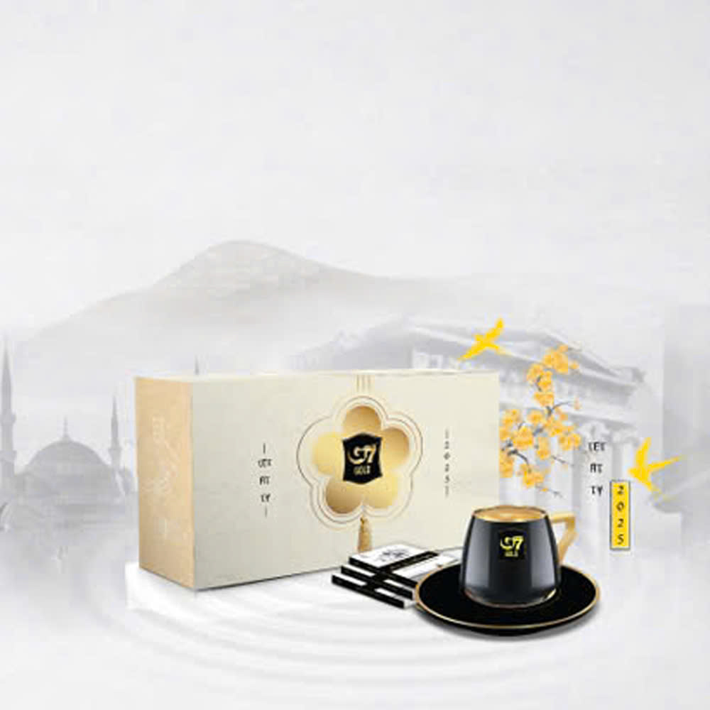 Hộp quà Tết 2025 cà phê hòa tan G7 Gold Trung Nguyên Legend - 3in1 combo 03 hộp, tách sứ G7 kèm bao lì xì (Kèm túi giấy)