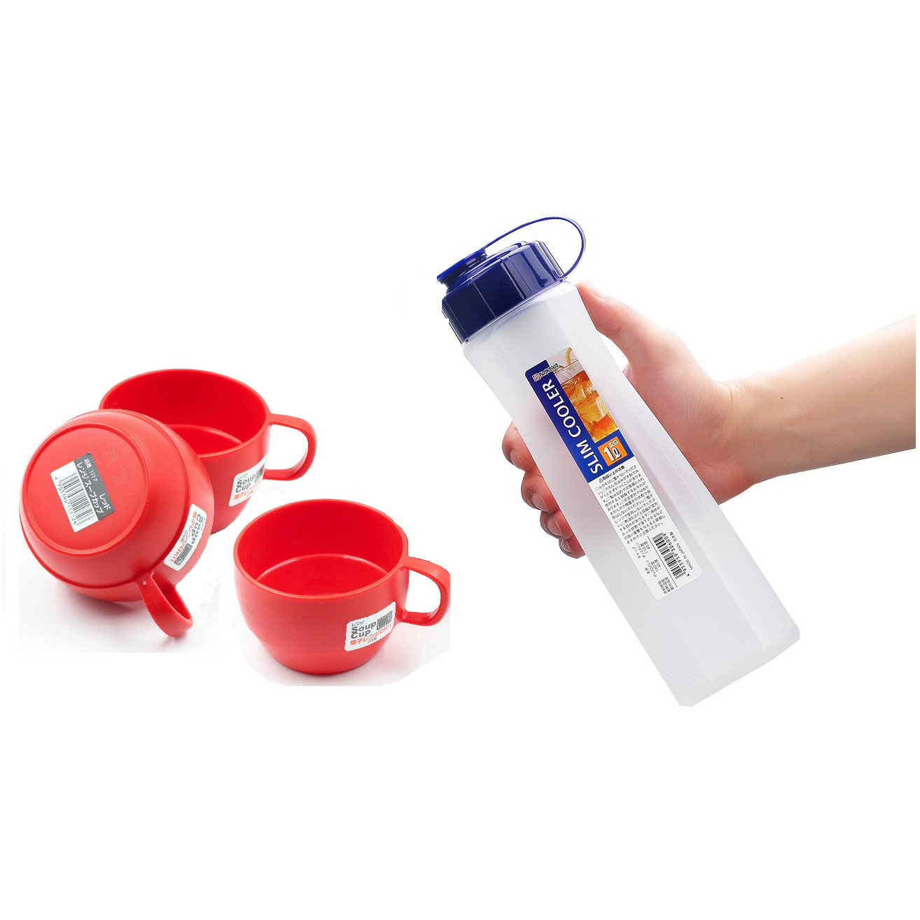 Combo 01 Bình đựng nước đa năng 1L + 03 Cốc nhựa uống nước Inomata 350ml có quai cầm - Nội địa Nhật Bản