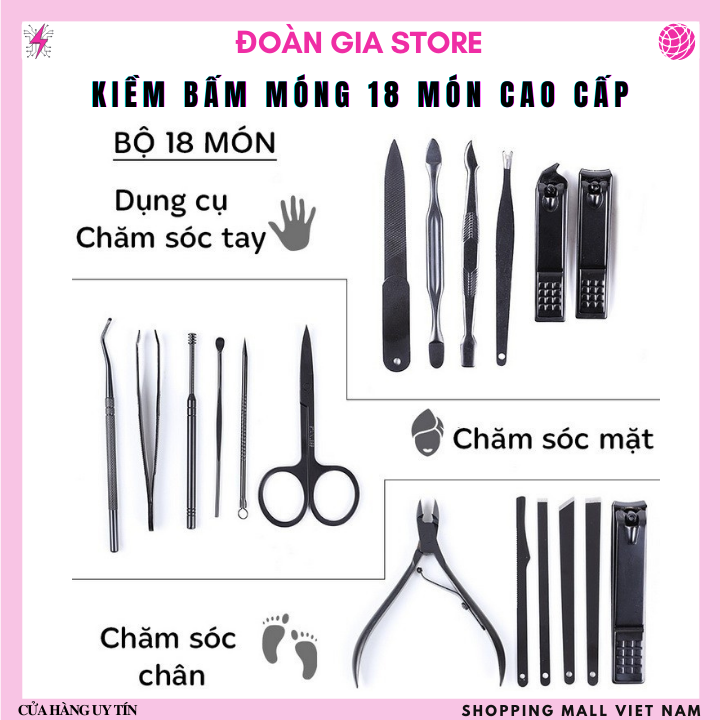 Bộ dụng cụ bấm móng tay dễ thương 18 món để chăm sóc móng, làm móng, lấy ráy tai, mụn kèm hộp cao cấp tiện dụng