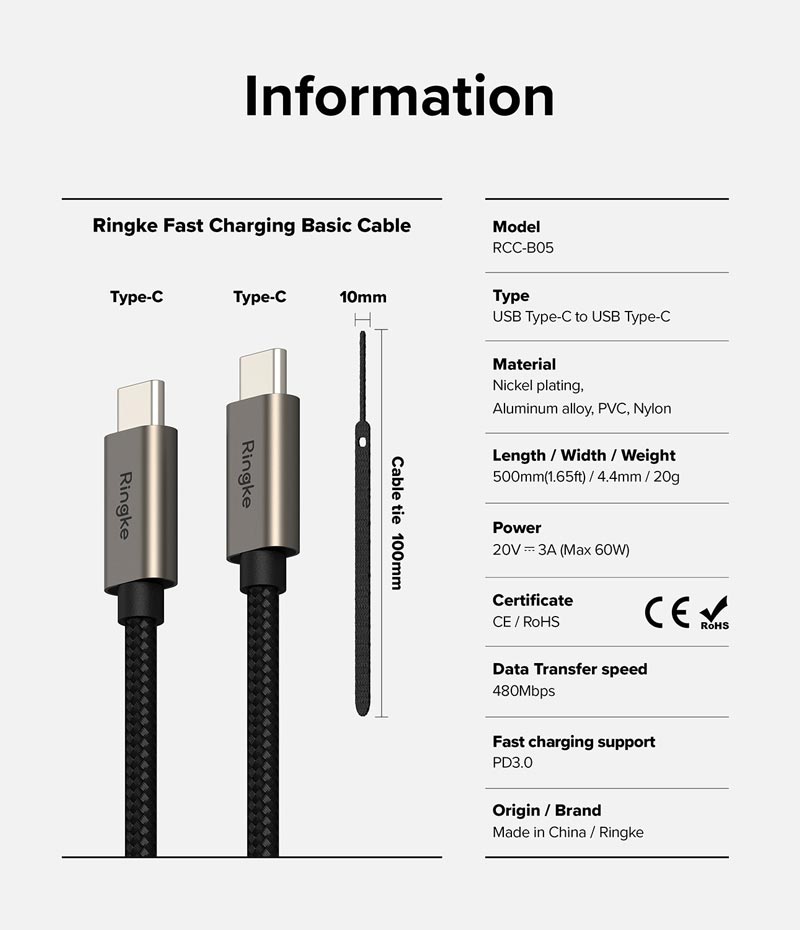 Cáp sạc nhanh cho điện thoại/laptop/tablet RINGKE Fast Charging Basic Cable C-to-C - Hàng Chính Hãng