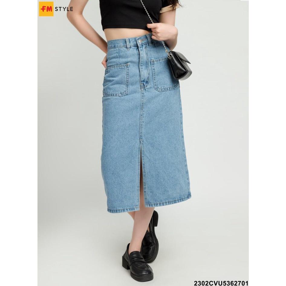 Chân váy jean nữ Fm Style kiểu dáng Midi Jean lưng cao dáng thiết kế xẻ trước thời trang Hàn Quốc 23020818