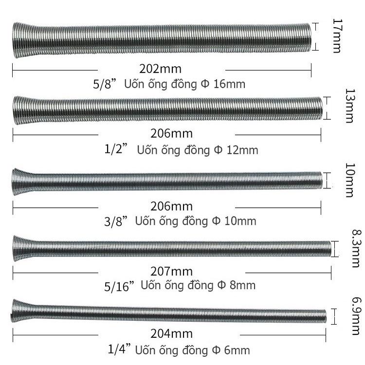 Combo bộ 5 lò xo uốn ống đồng điều hòa đường kính ống 6, 8, 10, 12, 16 mm.