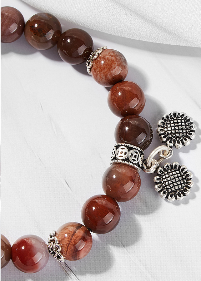 Vòng tay gỗ hóa thạch phối charm hoa hướng dương bạc Ngọc Quý Gemstone