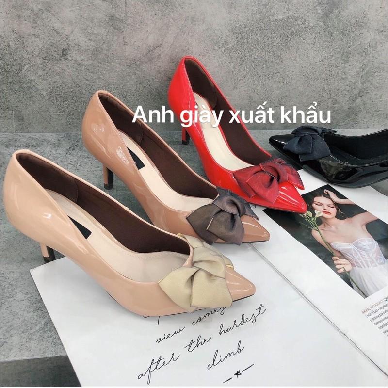 CG79/ Giày gót nhọn 5p da bóng nơ lụa VNXK lót mút siêu êm