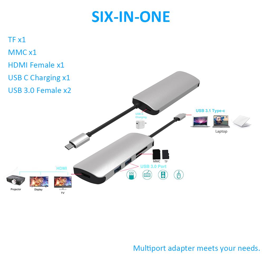 Bộ chuyển đổi đa cổng USB 3.1 Kiểu C sang USB 3.0 + TF + HDMI + Bộ chuyển đổi sạc loại C