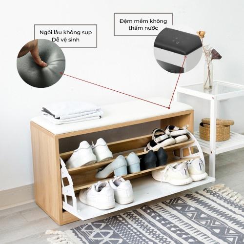 Tủ giày thông minh kết hợp ghế ngồi gỗ MDF cao cấp, kệ ghế để giày 3 ngăn có hộc để đồ, cánh lật che bụi ND07