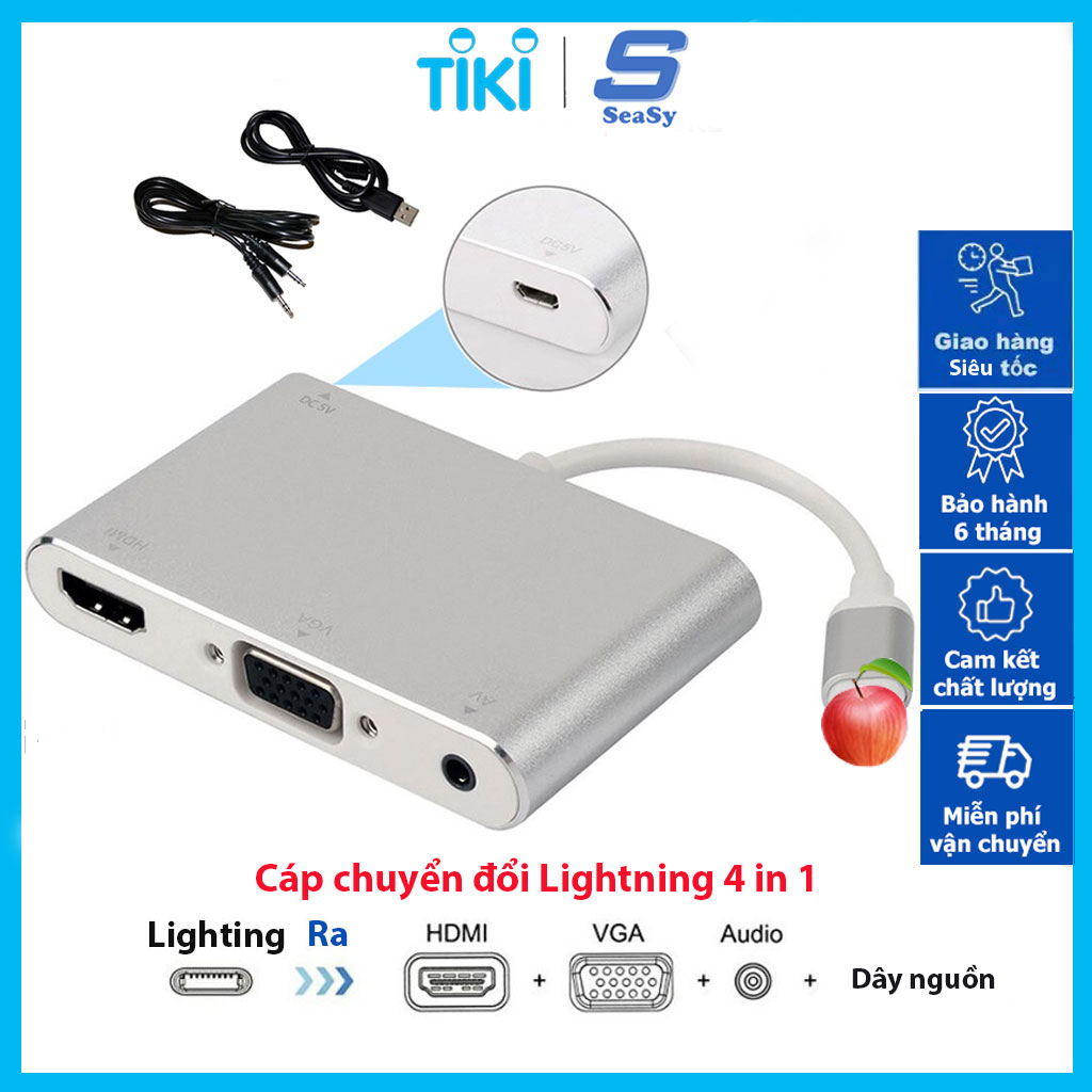 Cáp Chuyển Đổi Iphone/Ipad/Ipod Ra HDMI / VGA / USB /Lighting SeaSy, Chuyển Đổi Lighting Ra HDMI Full HD, Cổng VGA Full HD, Cổng USB, Cổng Sạc Lighting, Cổng Audio, Hình Ảnh Độ Nét Cao, Chất Liệu Nhôm Cao Cấp, Dùng Cho Iphone, Ipad, Ipod – Hàng Chính Hãng