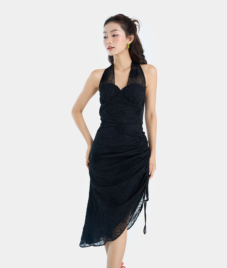 Đầm Lửng Nữ Thời Trang HNOSS Midi Cổ Yếm Cột Nơ HNDLU096