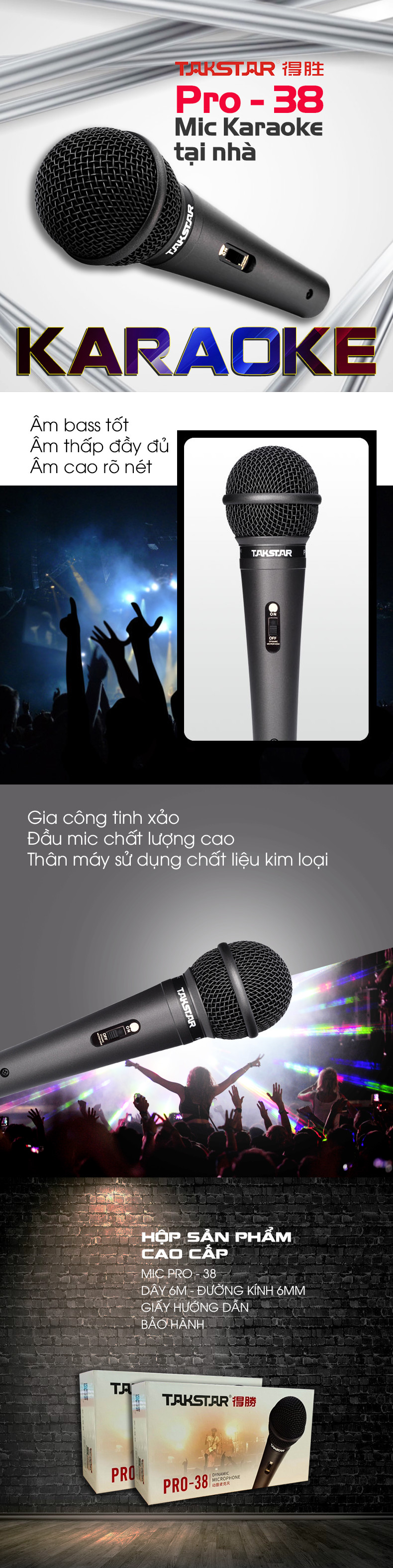 Mic hát karaoke có dây Takstar Pro-38 [DÂY DÀI 6M] - HÀNG CHÍNH HÃNG