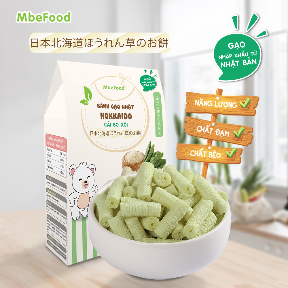 Bánh ăn dặm cho bé MBEFOOD Bánh gạo Nhật Hokkaido cải bó xôi que dài