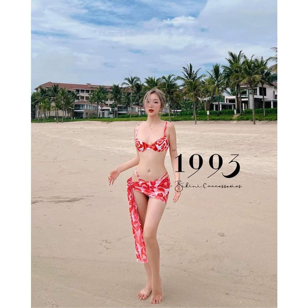 SET BIKIBI, ĐỒ BƠI ĐI BIỂN 3 MÓN ÁO GỌNG NÂNG NGỰC HỌA TIẾT TIM HỒNG TRẮNG KÈM KHĂN MẪU MỚI SEXY ODERI 111