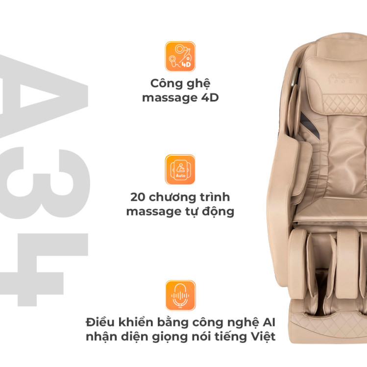 Ghế massage toàn thân ABCSport A34 công nghệ massage 4D, chức năng nhiệt vùng lưng và chân, điều khiển bằng giọng nói