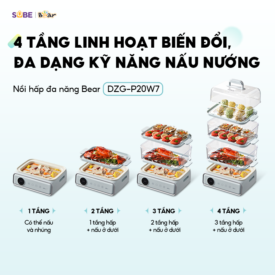 Nồi Hấp Bear Nồi Hấp Điện 3 tầng Nồi Lẩu Điện Kèm Hấp Đa Năng Cảm Ứng Hấp Lẩu Hầm Healthy Tiết Kiệm Điện - Hàng Chính Hãng DZG-P20W7